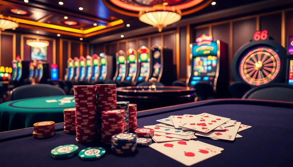 Experience the excitement of 68 game bài at an elegant casino table with poker chips and cards.