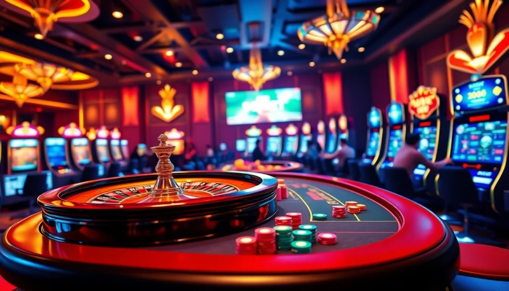 Exciting sbobet link alternatif online betting scene with roulette wheel and vibrant poker table.