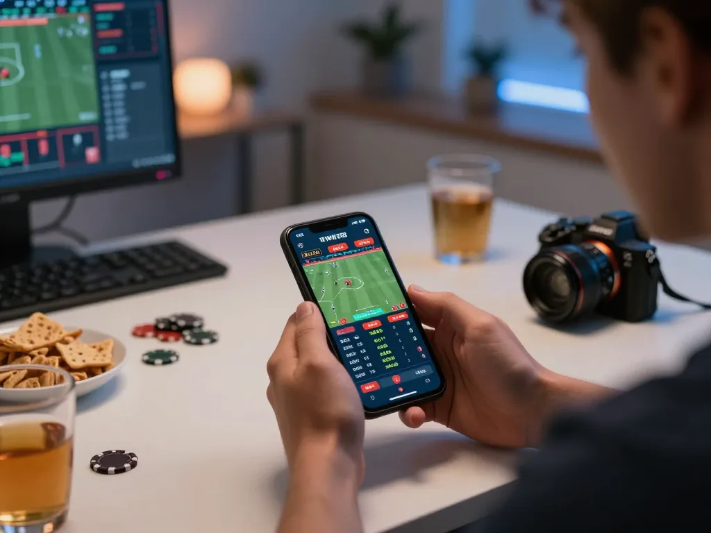 Wala88 user placing bets on smartphone, showcasing live betting atmosphere in a cozy home setup