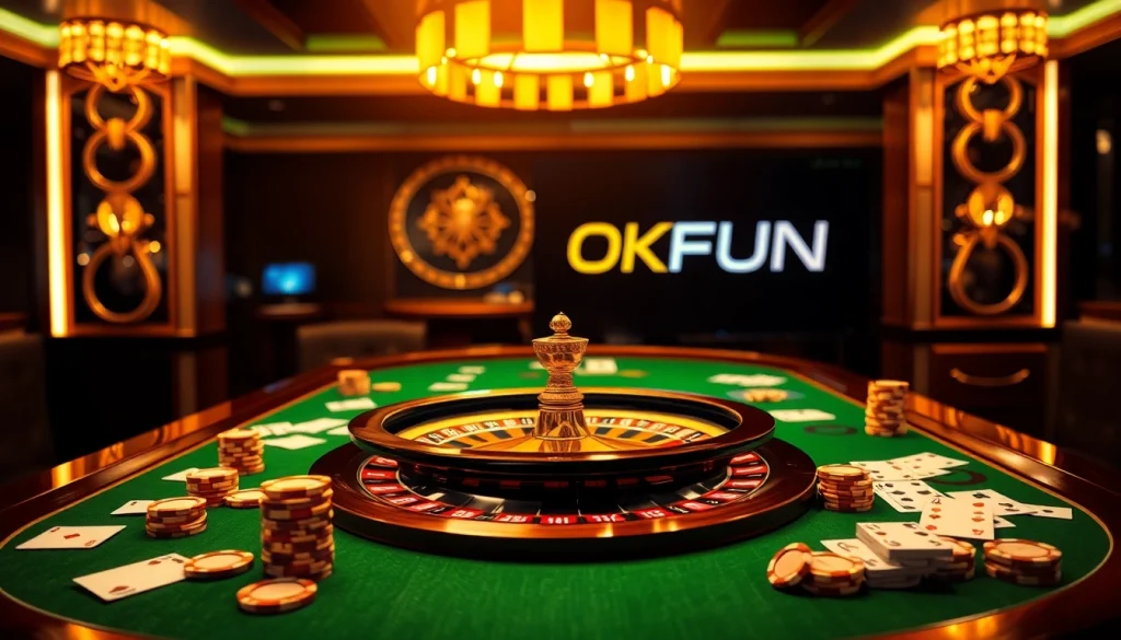 Engaging image of casino table featuring Link OKFUN, with roulette, poker chips, and luxurious ambiance.
