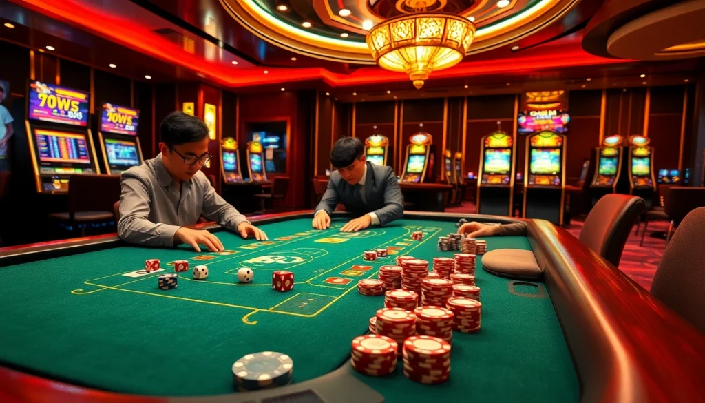 Experience a thrilling game night at Trang Chủ OKFUN with vibrant casino elements like poker chips and slot machines.