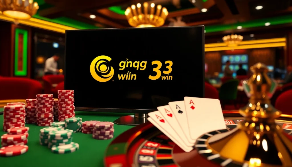 Cổng game 33win displays vibrant poker chips and cards on a luxury casino interface.