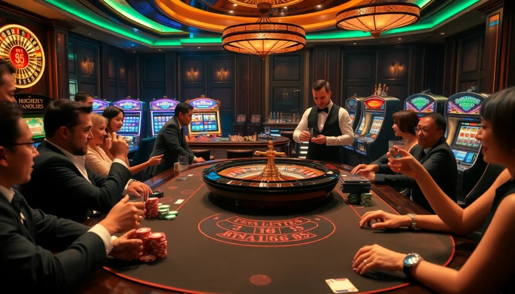 Kèo nhà cái 55 showcases an exhilarating casino atmosphere with players engaged in lively gambling.