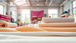 Katoen stof per meter opgerold in een serene werkplaats met een kleurrijke klikken van stoffen.