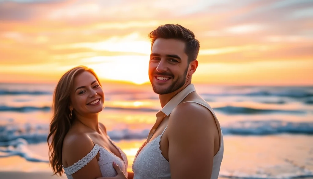 Engaging image of a destination photographer capturing moments on a picturesque beach at sunset.