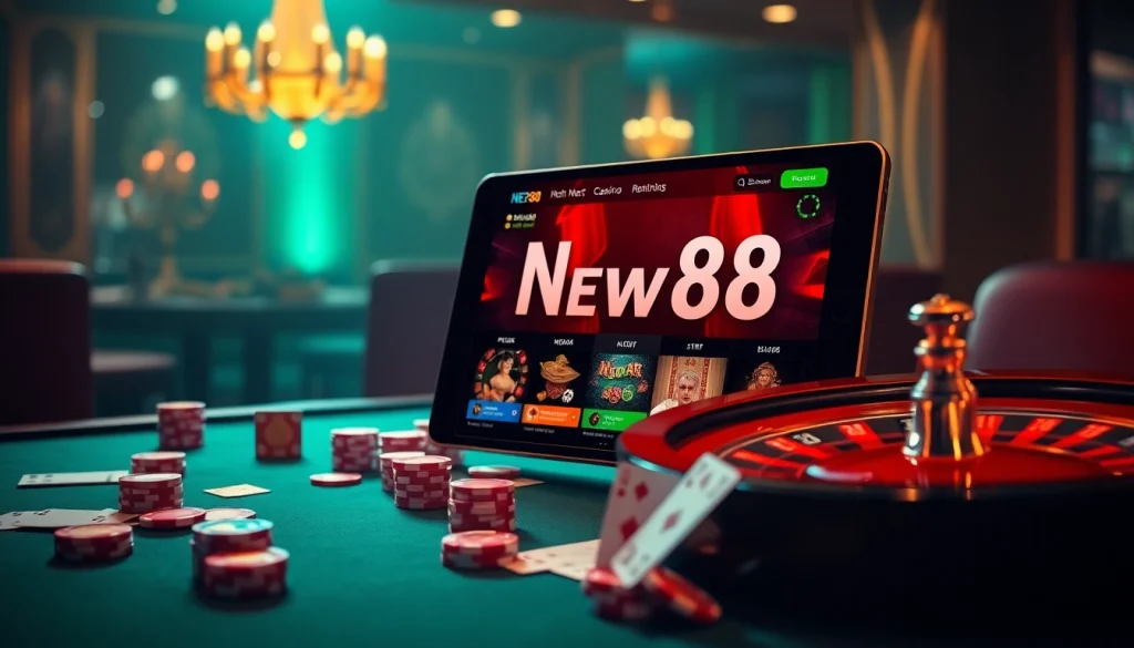 Experience thrilling gameplay at https://new88.help/ with vibrant casino visuals showcasing poker and roulette.