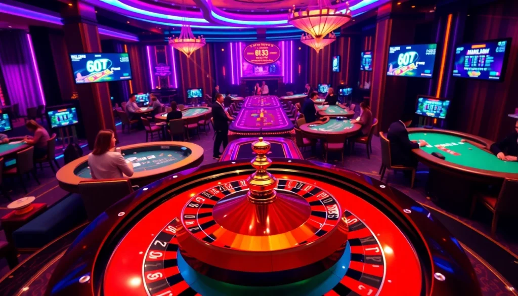 Experience the thrill of bk33 with players enjoying vibrant casino games in a luxurious setting.
