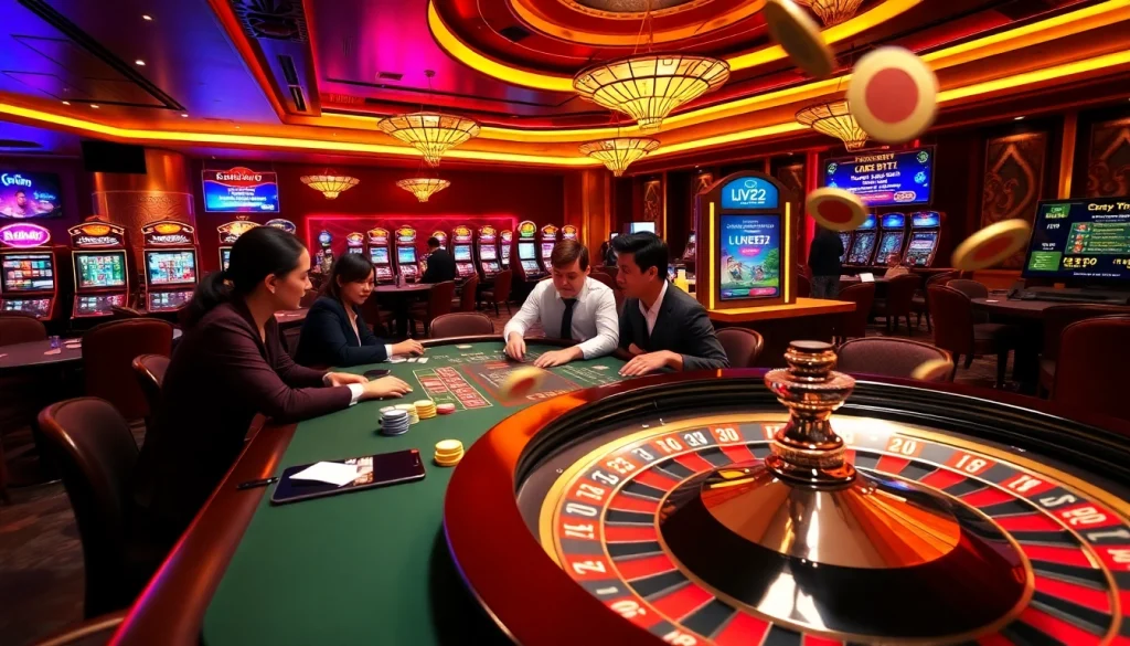 Experience the excitement of free credit live22 at a vibrant casino table with players engaged in thrilling games.