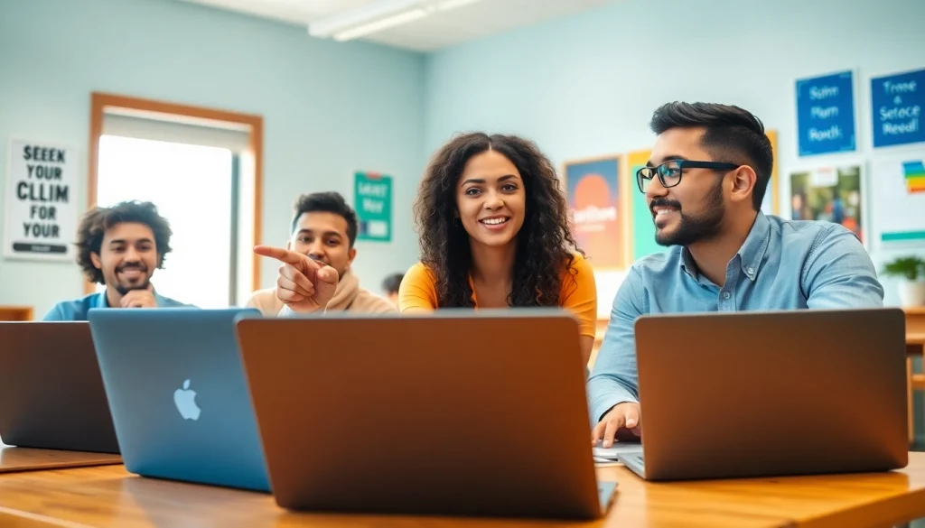 Engaged team discussing certification help providers in a bright classroom.