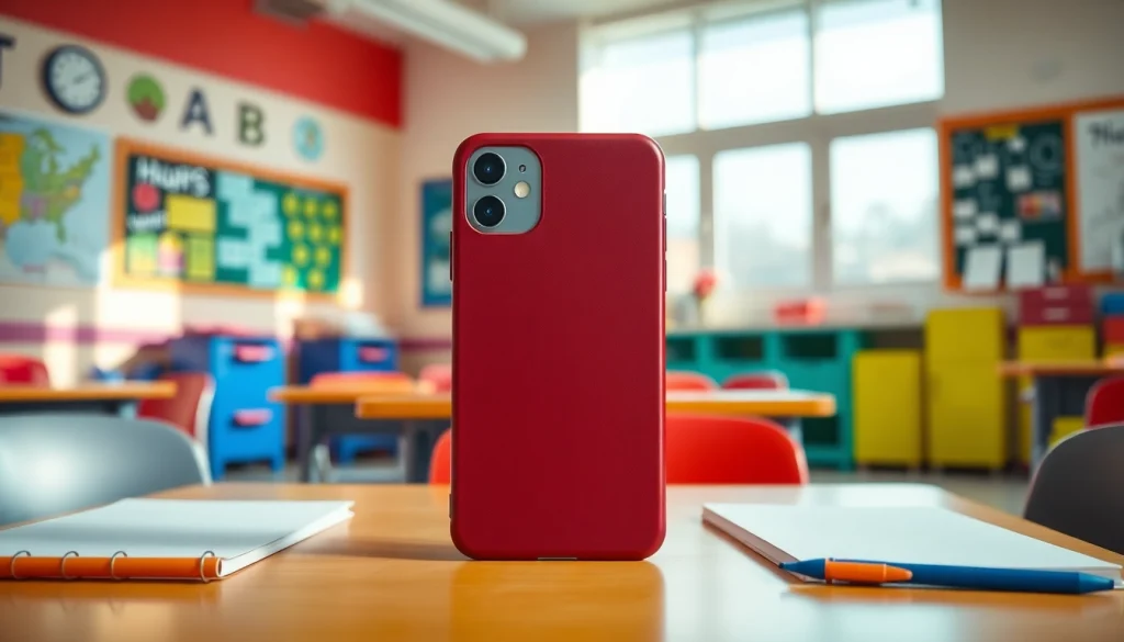 Handytasche Klassenzimmer ist auf einem Tisch zwischen Schulmaterialien platziert.