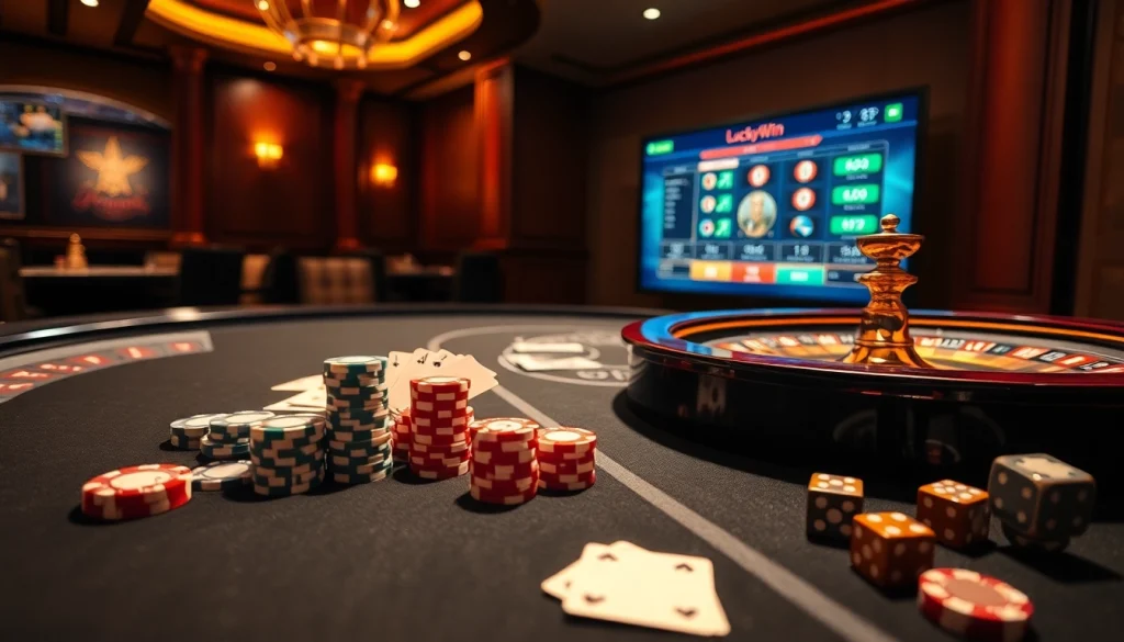 Experience LuckyWin with vibrant poker chips and an exciting roulette wheel in this thrilling casino scene.