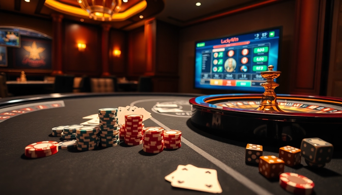 Experience LuckyWin with vibrant poker chips and an exciting roulette wheel in this thrilling casino scene.