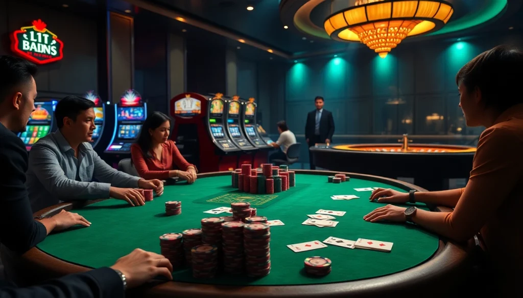 Engage in high-stakes gambling excitement at 壹發娛樂 with poker tables, vibrant chips, and spinning roulette wheels.