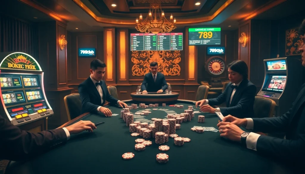 Excited players at 789club engage at a luxurious poker table in a vibrant casino setting.