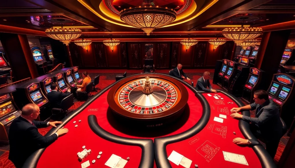 Experience the thrill of the CM88 casino with vibrant gaming tables and spinning roulette wheels.
