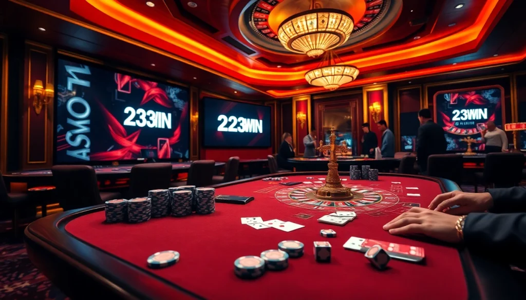 Engaging scene of players at a luxurious casino table with 23WIN branding.