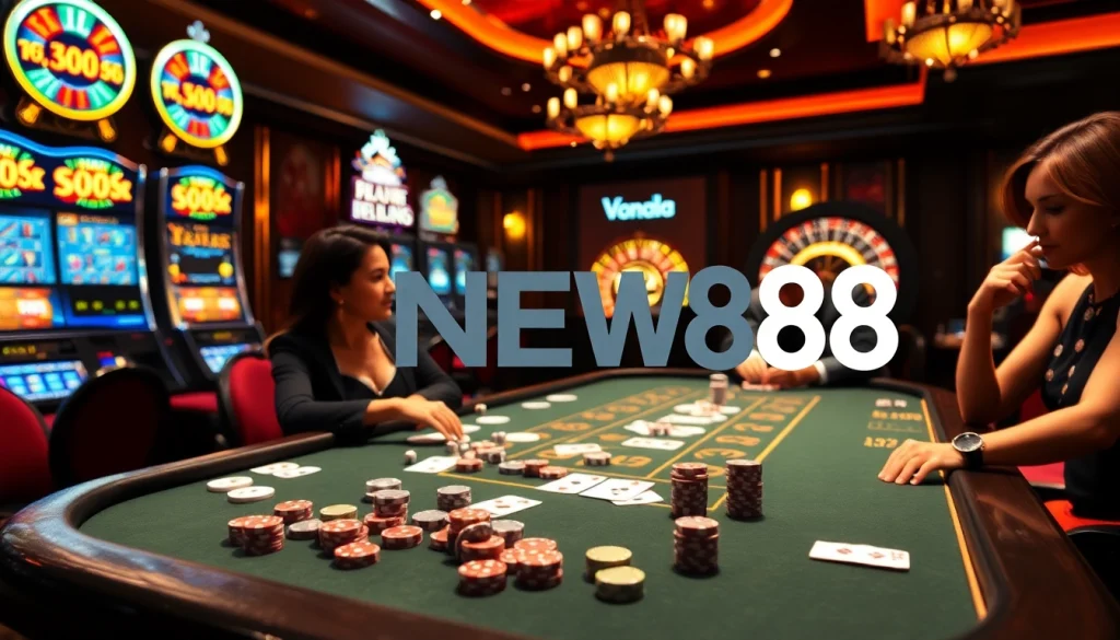 Experience the thrill of gambling at NEW88 with vibrant slot machines, poker chips, and high-stakes action.