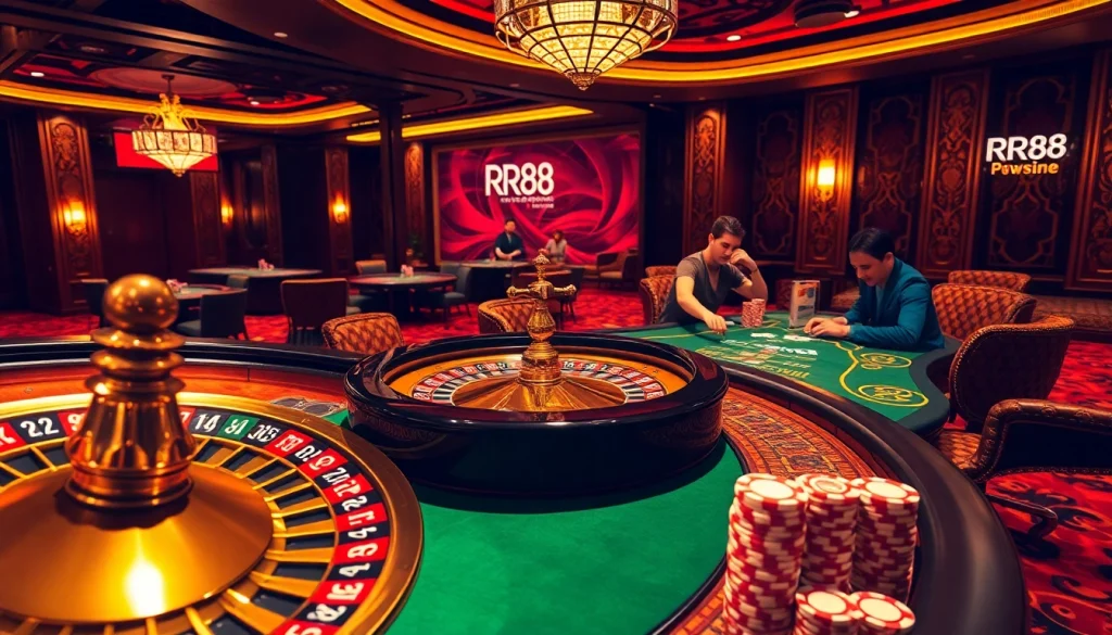 Experience the thrill of RR88 casino with vibrant poker chips and an alluring roulette wheel.