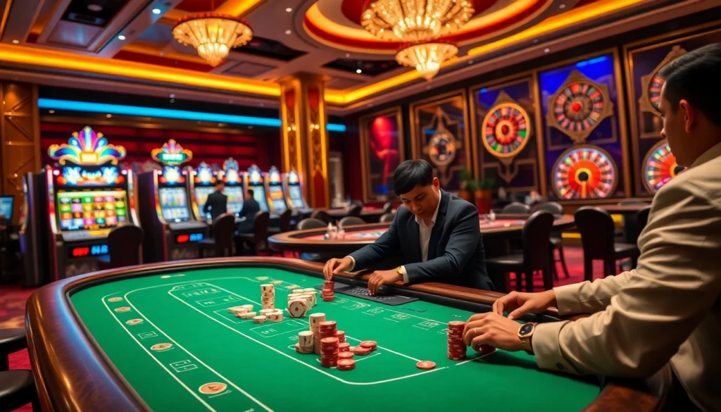 SAY88 casino experience with luxurious tables and vibrant slot machines enticing players.