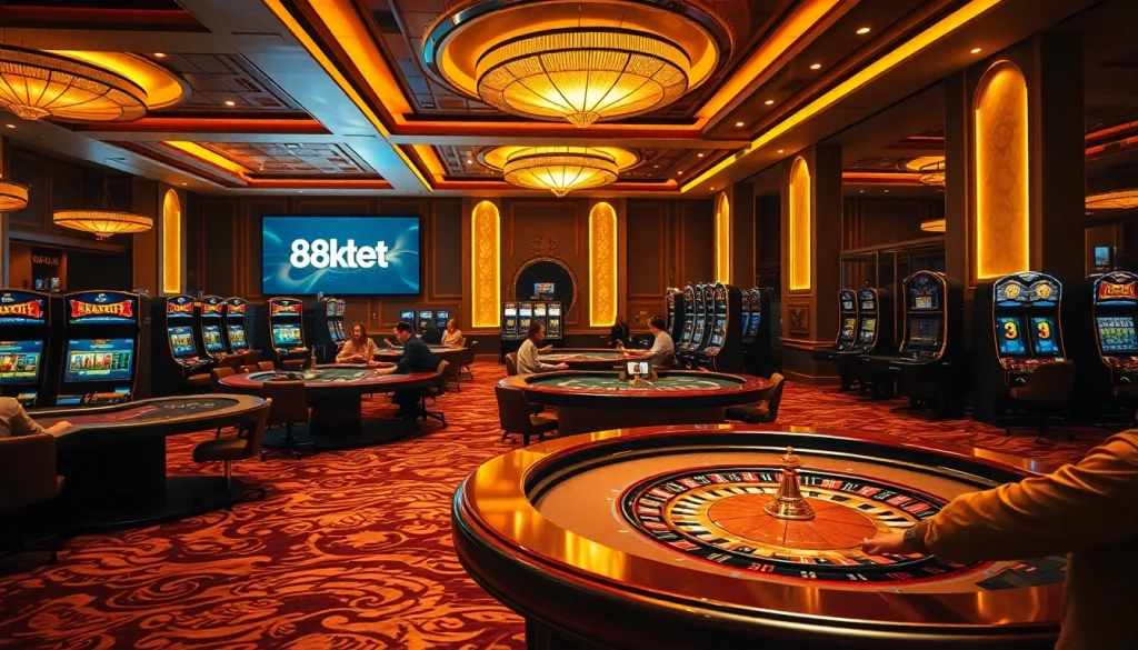 Experience high-stakes gaming at 8kbet with luxurious casino tables and players engaged in thrilling action.